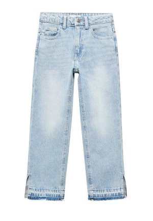 Lyseblå denim jeans med lige ben, forlommer, knap- og lynlås lukning samt små slidser ved bundkanterne.