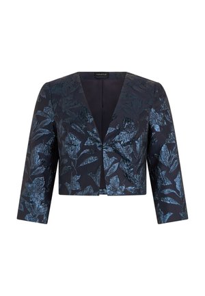 Navy cropped jacket with three-quarter sleeves featuring a shiny blue floral pattern and a V-neck collar.