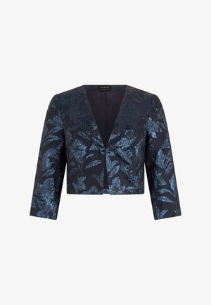 Chaqueta corta azul marino con mangas tres cuartos que presenta un patrón floral azul brillante y un cuello en V.