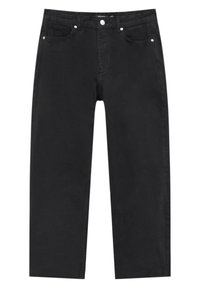 Jeans de algodón negro con corte recto, diseño de cinco bolsillos y acentos de metal. Textura suave, detalle de costura mínima.