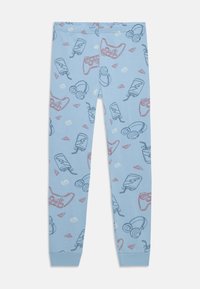 Helle blaue Leggings mit einem verspielten Muster von Gaming-Controllern, Kopfhörern und Getränken in roten und dunkelblauen Umrissen.
