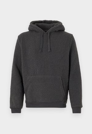Dark grey hoodie made of textured fleece. Features a front pocket, adjustable drawstring hood, and ribbed cuffs and hem.