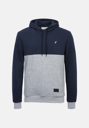 Μπλε σκούρο και γκρι φούτερ με κουκούλα και τσέπη καγκουρό, με μικρό χρυσό λογότυπο και υφή υφάσματος σε σχεδίαση με χρωματικές μπλοκ.