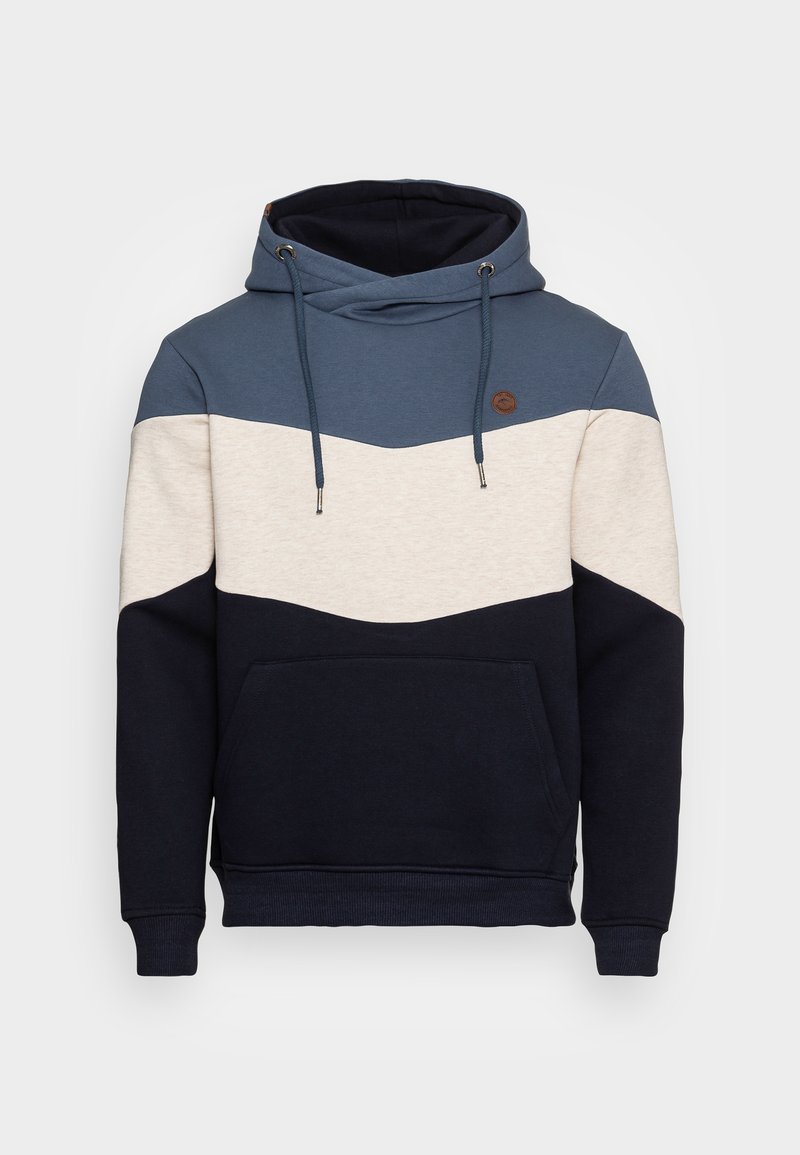 Hooded sweatshirt featuring a chevron design in navy, light blue, and cream. Made from soft fabric with a front pocket and adjustable drawstrings.