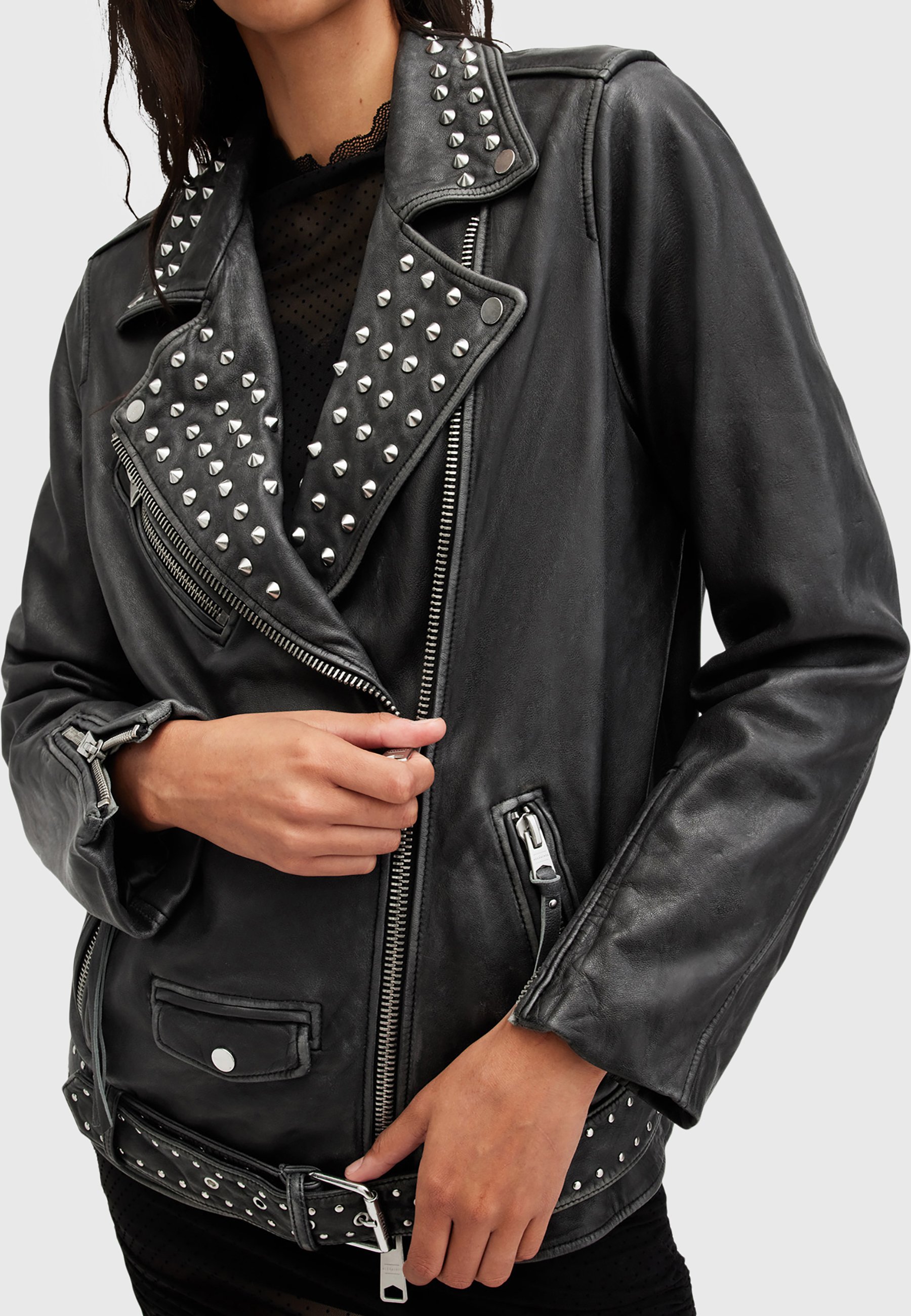 AllSaints Leather jacket - black grey/anthracite - Zalando.ie