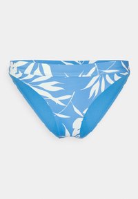 Parte de baixo de bikini azul com um padrão de folhas brancas, feita de um tecido elástico com textura suave e design de cobertura moderada.