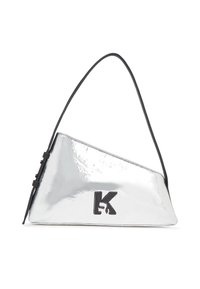 Hõbedane metallist käekott kolmnurkse kujuga, must õlarihm ja esifaasil väljalöödud "K" logo. Sile, läikiv tekstuur.