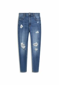 Jeans in denim blu con vestibilità slim, caratterizzati da numerosi strappi e un effetto sfumato. Include una chiusura con bottone standard e zip.