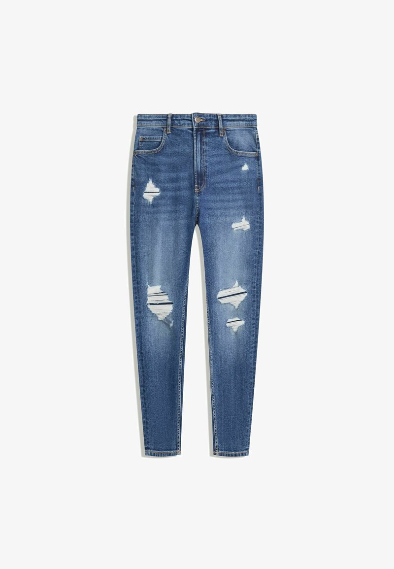 Jeans in denim blu con vestibilità slim, caratterizzati da numerosi strappi e un effetto sfumato. Include una chiusura con bottone standard e zip.