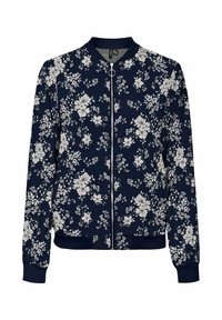 Navy bomber jacket with an all-over white floral pattern, ribbed cuffs and hem, zipper front closure, and lightweight fabric.