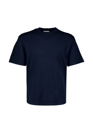 Donker marineblauw T-shirt met korte mouwen en ronde hals, een rechte zoom en zonder zichtbare logo's of patronen.