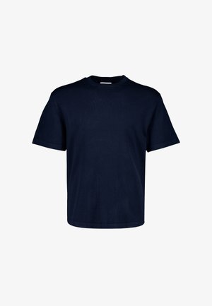 Donker marineblauw T-shirt met korte mouwen en ronde hals, een rechte zoom en zonder zichtbare logo's of patronen.