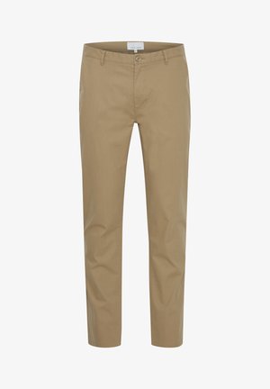 Beige bomulds-chinos med slim fit, der har en frontknaplukning, bælteløkker og to sidelommer. Glat tekstur og skræddersyet design.