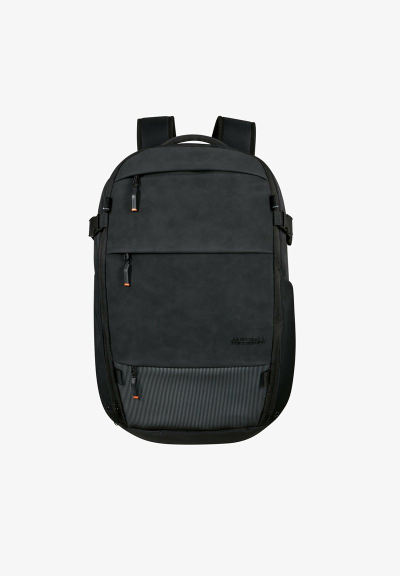 Black backpack with a smooth, textured surface, featuring two zippered compartments, adjustable straps, and an orange accent on the zippers.
