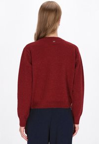 Pulover texturat în nuanța vișinie, cu gât rotund, manșete și margine striate, având un mic logo metalic pe spate.