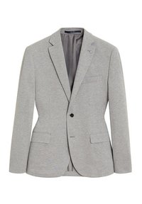 Grijze blazer gemaakt van zachte stof. Eenvoudig knoopsluiting, revers met inkepingen en twee voorvakken. Binnenkant gevoerd in een contrasterende kleur.