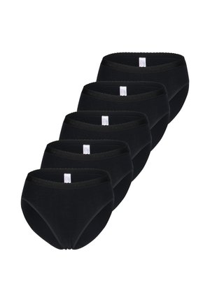 Cinque slip neri in cotone a vita alta con elastico in vita firmato, disposti in pila sovrapposta su uno sfondo bianco.