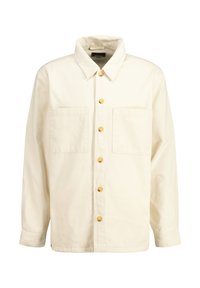 Licht crèmekleurig button-up shirt van katoen met een kraag, twee borstzakken en gele knopen. De textuur is glad en iets gestructureerd.