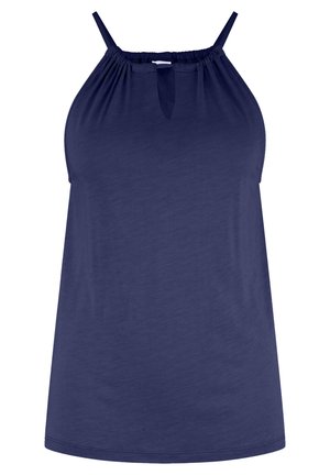 Mornarsko modra brezrokavnik s zbranim izrezom, detajlom v obliki ključavnice na prsih in sproščenim krojem, izdelan iz mehkega, lahkega materiala.