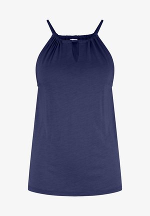 Mornarsko modra brezrokavnik s zbranim izrezom, detajlom v obliki ključavnice na prsih in sproščenim krojem, izdelan iz mehkega, lahkega materiala.