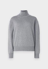 Pull col roulé gris en maille douce, avec une coupe décontractée, des manches longues et des poignets et un ourlet côtelés.