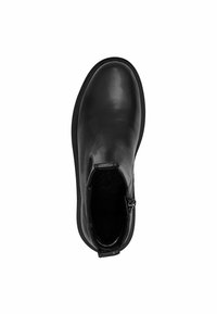 Mustat nahkaiset nilkkasaappaat, joissa on sileä pinta, pyöreä kärki, joustavat sivupaneelit ja vetoketju, joka helpottaa pukemista.