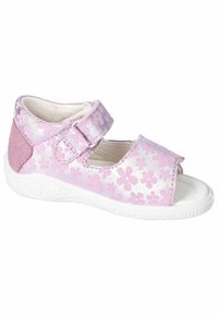 Rosa tygsandal med blommönster, kardborreband, öppen tå-design, vit sula och texturerade rosa detaljer på hälen.