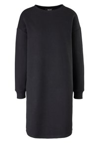 Vestido sudadera negro hecho de una tela suave, con cuello redondo, mangas largas y puños de canalé. Diseño simple y sin adornos.