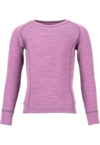 Langærmet lilla termo skjorte, lavet af blødt materiale med kontrasterende grå syninger, rund hals og tætsiddende design for varme.