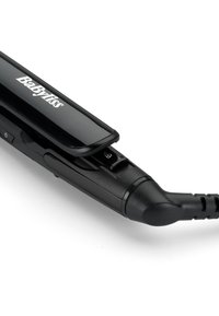 Plancha de pelo negra con acabado brillante, que incluye un botón de encendido y un bloqueo de seguridad, bordes lisos y un cable de alimentación en espiral.