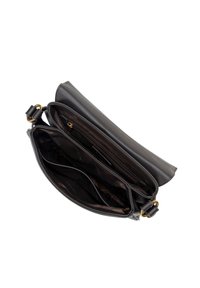 Borsa a tracolla in pelle nera con un design strutturato, dotata di accessori in tonalità oro e molteplici scomparti interni per un'ottima organizzazione.
