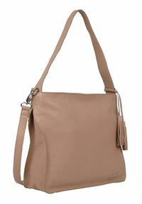 Borsa a spalla in pelle di un morbido beige, dotata di una tracolla singola e un tassello decorativo. Texture liscia e design minimalista con bordi arrotondati.