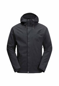 Giacca nera impermeabile con cappuccio, due tasche laterali, polsini regolabili e una texture di tessuto liscia con branding ridotto.