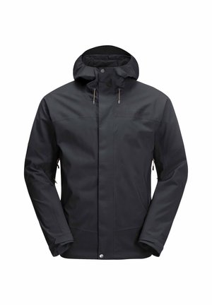 Zwarte waterdichte jas met een capuchon, twee zijzakken, verstelbare manchetten en een soepele stofstructuur met minimale branding.