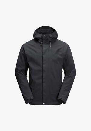 Zwarte waterdichte jas met een capuchon, twee zijzakken, verstelbare manchetten en een soepele stofstructuur met minimale branding.