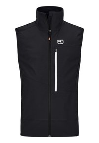 Schwarzes ärmelloses Top aus einem glatten, leichten Stoff, das einen hohen Kragen, einen Reißverschluss vorne und eine weiße Reißverschlusstasche auf der Brust aufweist.