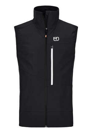 Black sleeveless vest in a smooth, lightweight fabric features a high collar, front zipper, and a white zippered pocket on the chest.