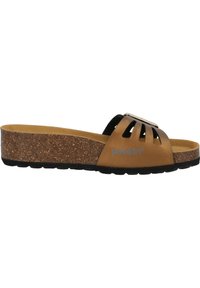 Sandalo slide con sottopiede in sughero marrone, cinturino nero e design a ritaglio. Caratterizzato da un accento in argento e una suola in gomma testurizzata per una buona aderenza.