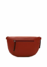Red leather crossbody bag with a textured surface, featuring a top zipper and a front pocket with a zipper. Curved shape and minimalist design.