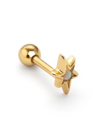 Piercing en forma de estrella dorada con un centro opalescente, unido a un extremo de bola lisa y redonda. Presenta un acabado metálico pulido.