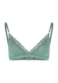 Minzgrüner Bralette mit Spitzenbesatz, weichem Stoff, dreieckigen Cups, verstellbaren Trägern und einem Haken-Ösen-Verschluss am Rücken.