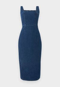 Denim šaty v tmavě modré barvě se čtvercovým výstřihem, přiléhavým střihem, viditelnými švy a midi délkou. Hladká textura bez dalších vzorů.
