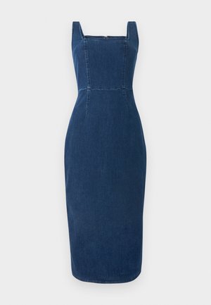 Sötétkék farmer ruha négyzet alakú dekoltárral, testhezálló fazonnal, látható varrás részletekkel és midi hosszal. Simább textúra, további minták nélkül.