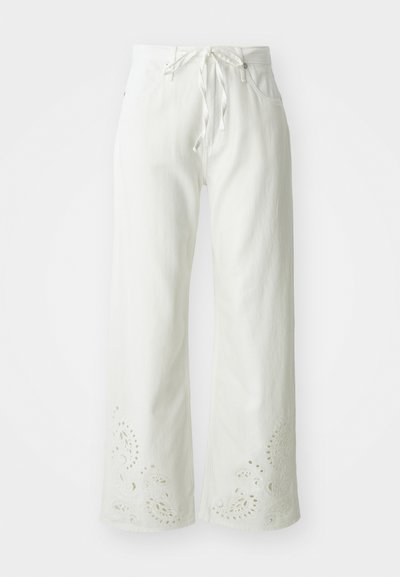 White wide-leg pants made of cotton, featuring a drawstring waist and embroidered paisley patterns on the hem. Smooth texture.