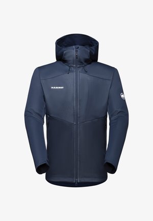 Giacca zip-up blu navy con colletto alto, cappuccio regolabile e logo. Realizzata in tessuto morbido e strutturato con due tasche laterali.