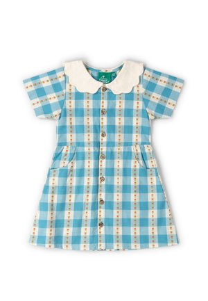 Blau-weiß kariertes, kurzärmliges Kleid mit floral-gestreiftem Muster, gezacktem weißen Kragen, vorderen Knöpfen und seitlichen Taschen.