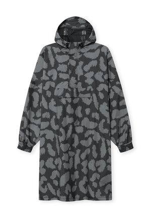 Pullover rain jacket in gray with a black abstract pattern. It features a hood, long sleeves, and an adjustable drawstring. Front pocket noted.