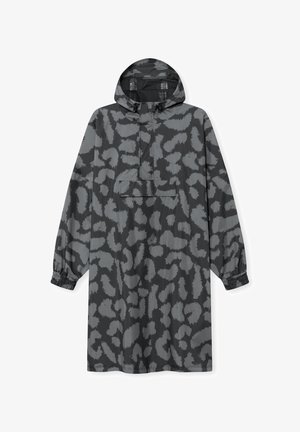 Pullover rain jacket in gray with a black abstract pattern. It features a hood, long sleeves, and an adjustable drawstring. Front pocket noted.