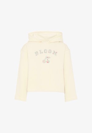 Bluza z kapturem w kremowym kolorze z długimi rękawami, tekstem "BLOOM" w kwiatowy wzór oraz pasującą grafiką wiśni z przodu.