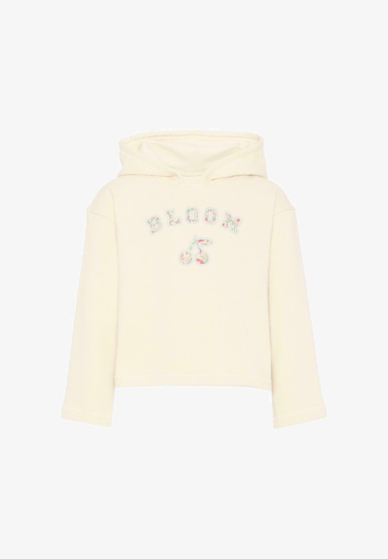 Sweat à capuche couleur crème à manches longues, texte "BLOOM" à motif floral et graphique de cerises assorti sur le devant.